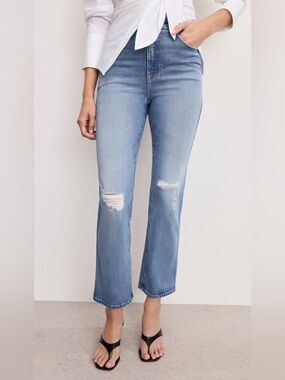 Good American High Waisted Straight Jeans Distressed 28 Stretchy Excellent